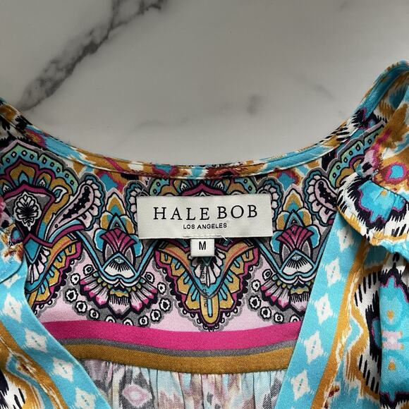 Hale Bob Oona mini Dress turquoise blue print Size M Boho chic Western Festival - Picture 3 of 12